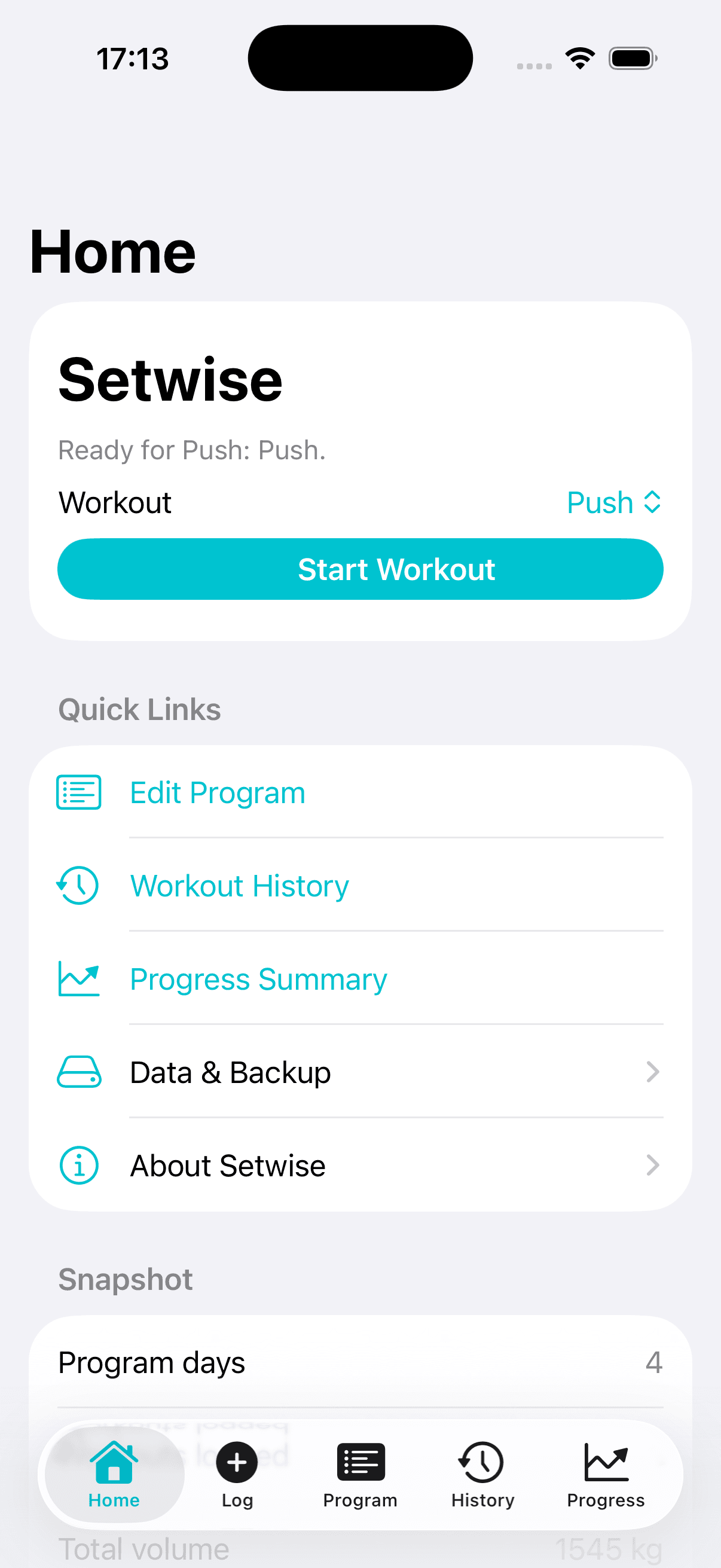 Setwise workout logging app home screen